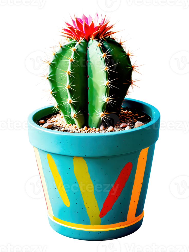 Cactus in a quirky, painted pot, desert vibes, prickly spines, isolated on transparent, bright colors, png