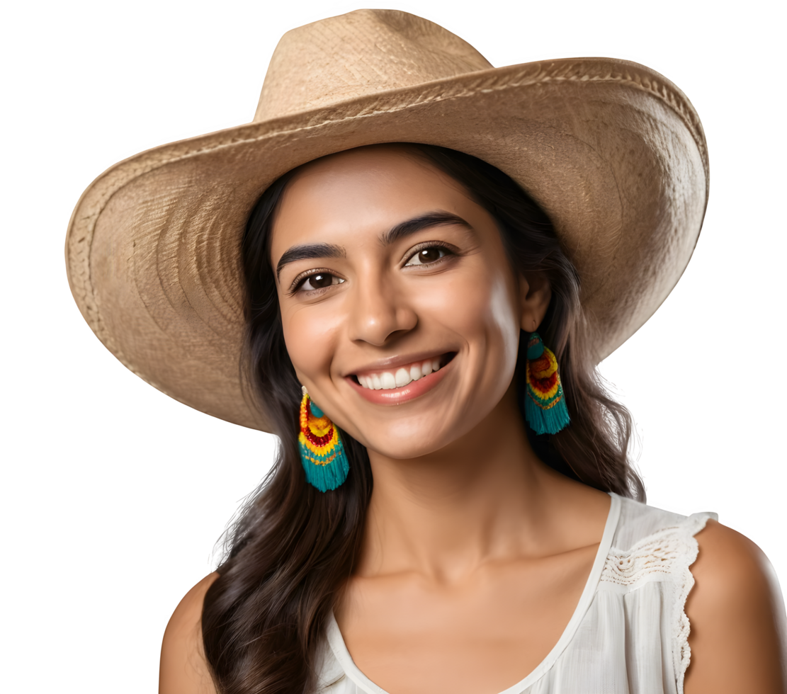 A woman wearing a hat and earrings png