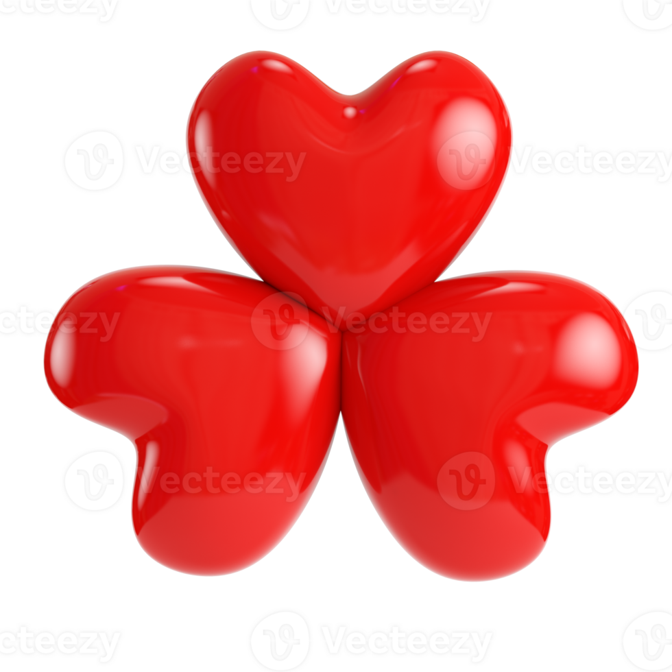 Three red abstract hearts isolated on transparent background png