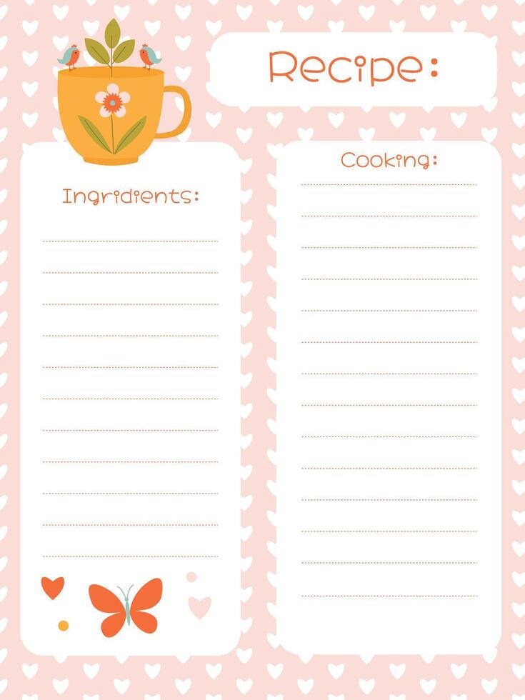 Template for writing down recipes in a delicate style with hearts vector