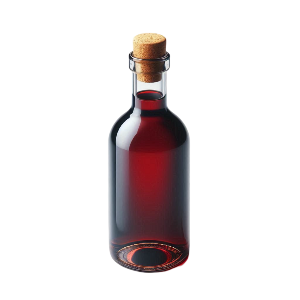 Tall Glass Bottle with Dark Liquid and Cork Seal png