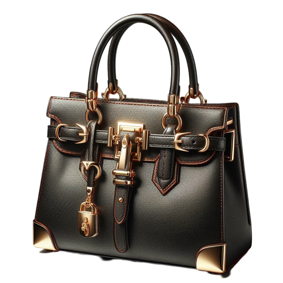Dark Leather Designer Handbag with Gold Details png