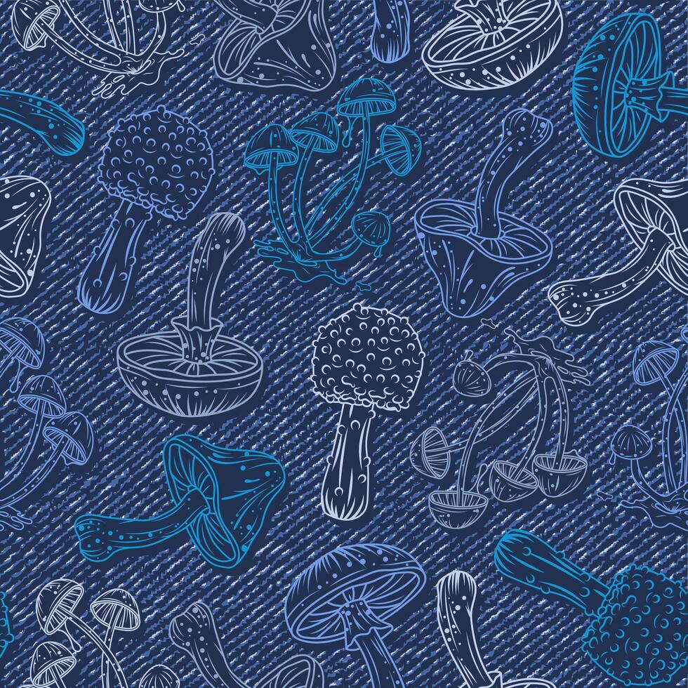 Seamless blue pattern with outline mushroom silhouette. Random composition. Textured denim background. Grunge style vector