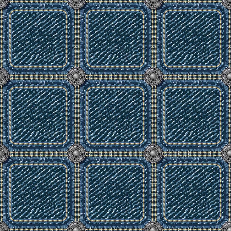 Seamless blue denim pattern with square fabric patches, double stitching, buttons. Classic geometric grid. Vintage style. vector