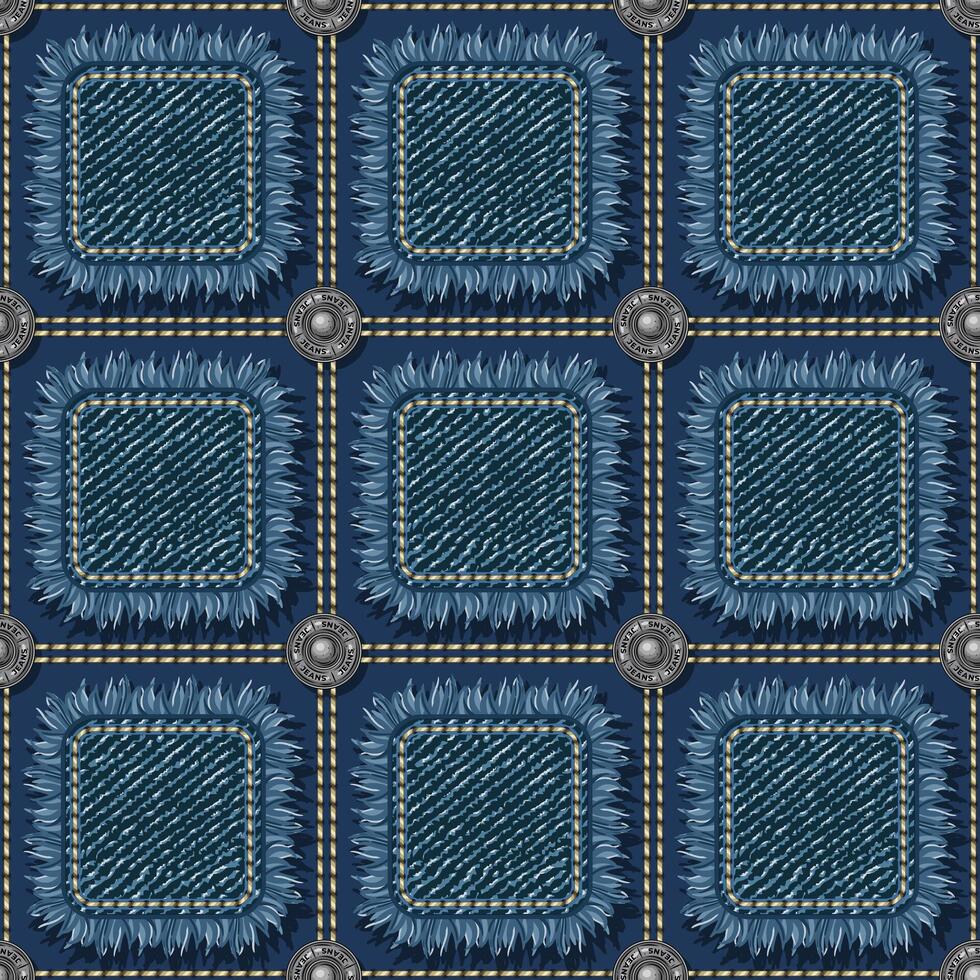 Seamless blue denim pattern with square fabric patches with frayed fringe, double stitching, buttons. Classic geometric grid. Vintage style. vector