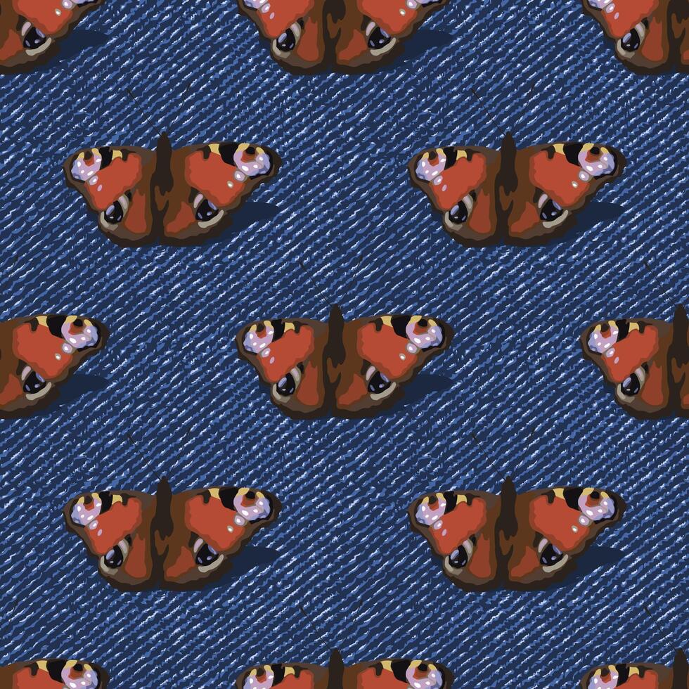 Seamless denim pattern with peacock butterfly with spread wings. Elements are arranged alternately. Top view. Boho style. Grunge textured background. vector