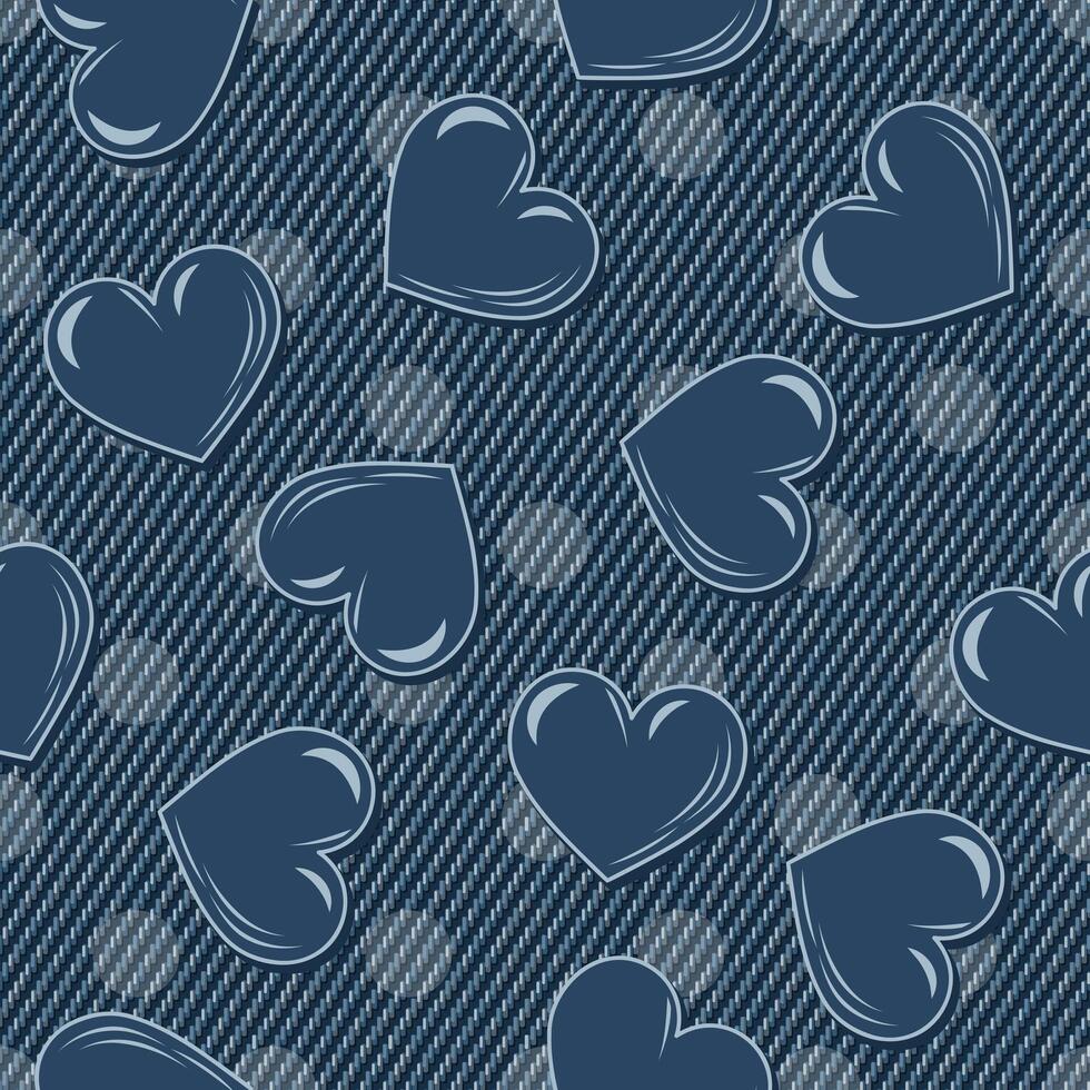 Summer denim pattern with hearts, polka dot ornament behind. Scattered objects on blue jeans texture. Groovy, hippie, naive style for apparel, fabric, textile, design. Monochrome negative illustration vector