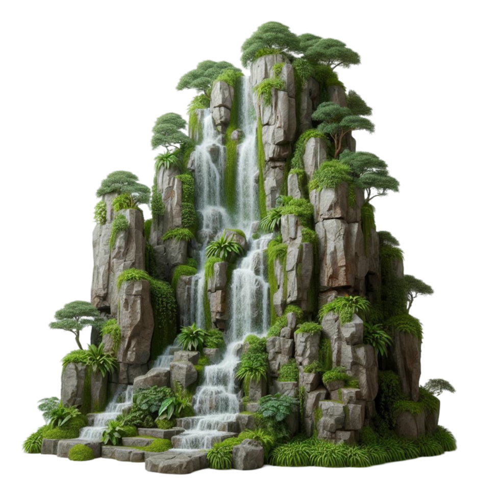 a waterfall in the middle of a mountain with trees and rocks png