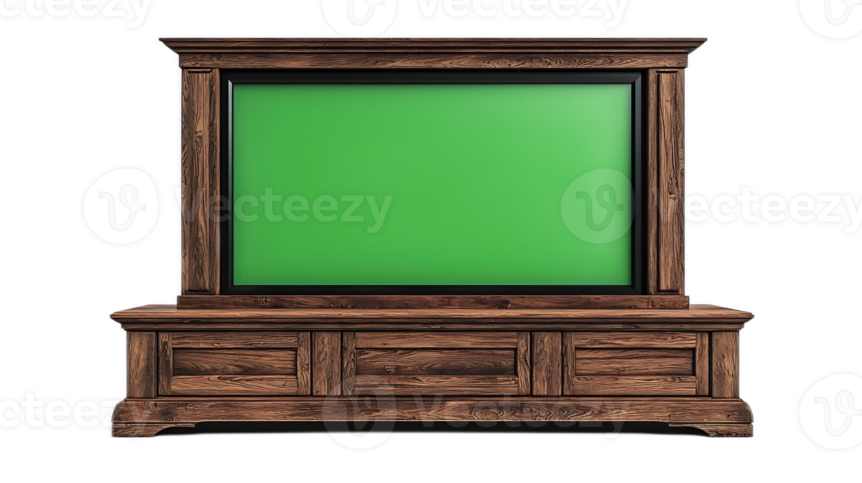 Elegant Wooden TV Stand with Empty Green Screen for Customizable Background Usage png