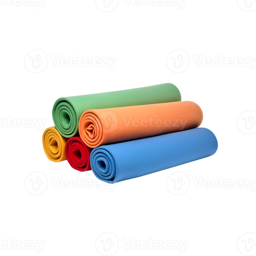 Colorful rolled yoga mats arranged neatly png