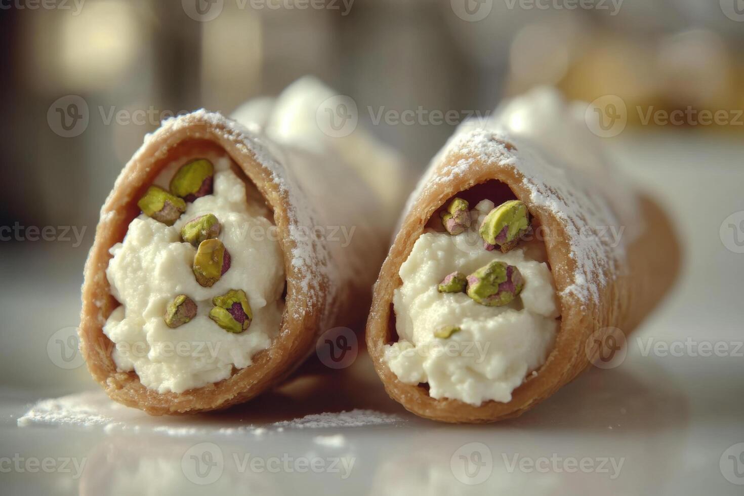 Two crispy cannoli filled with creamy ricotta and topped with pistachios, dusted with powdered sugar. Traditional Italian dessert photo
