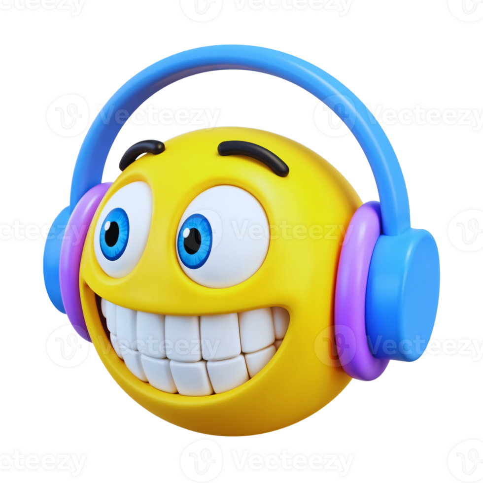 Smiling yellow emoji with headphones enjoying music png