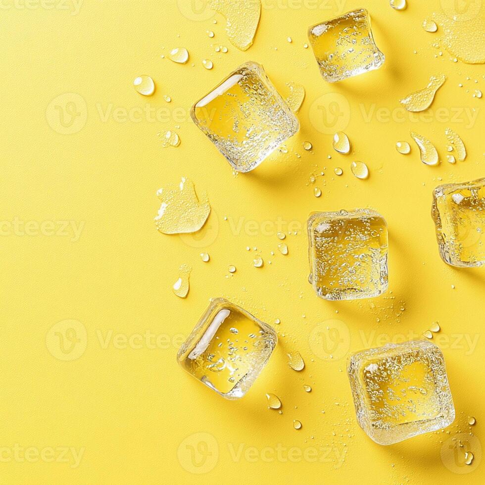 Ice cubes with water drops scattered on a yellow background, top view. photo