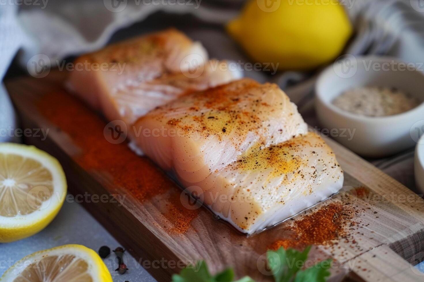 Raw white fish fillets with seasoning on a wooden board,surrounded by lemon and spices. Fresh seafood ready for cooking photo