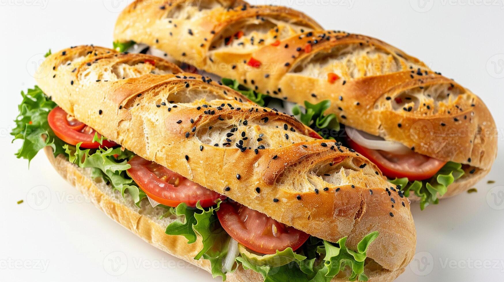 Fresh baguette sandwiches with lettuce, tomato, and onion on white background. photo