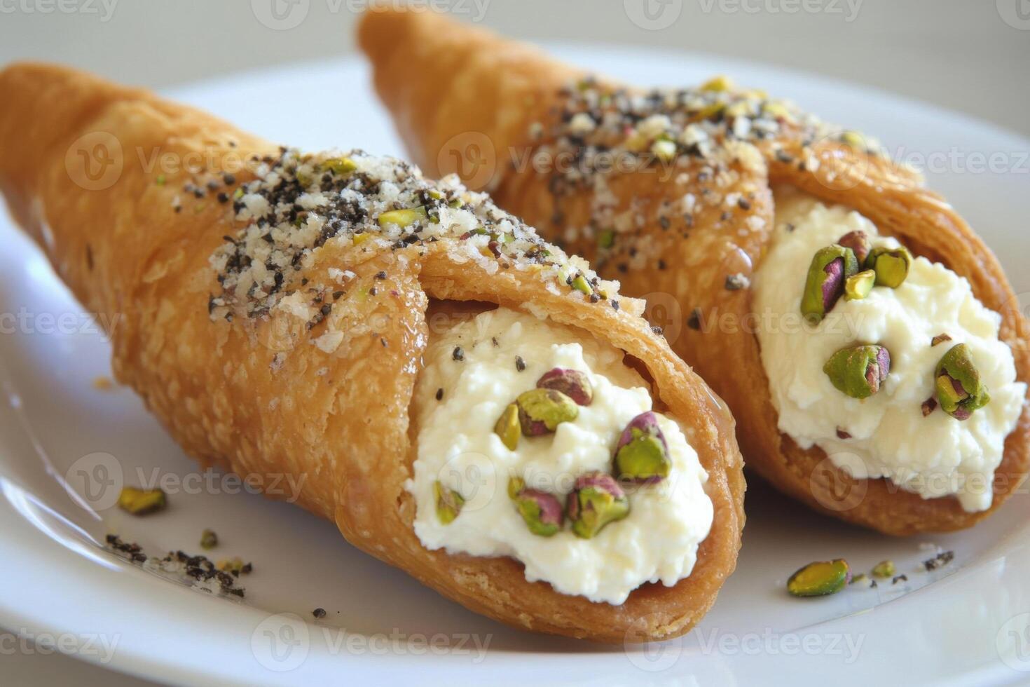 Two crispy cannoli filled with creamy ricotta and topped with pistachios, dusted with powdered sugar. Traditional Italian dessert. photo