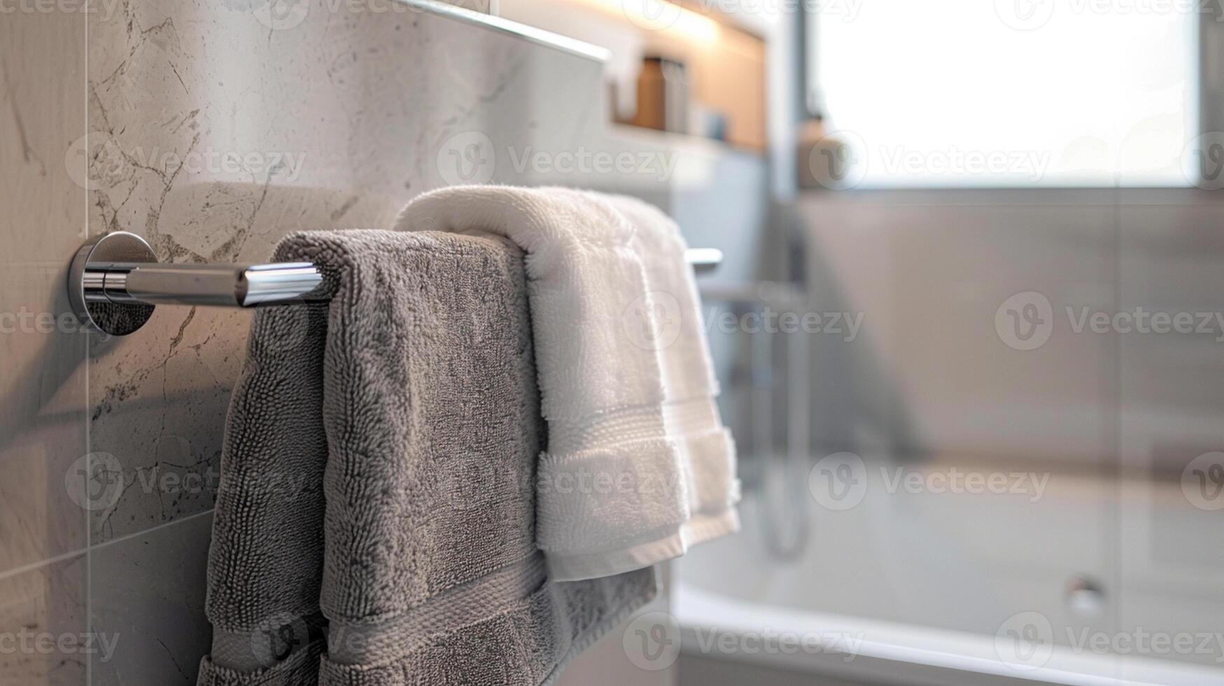 Close-up of Heated Rail with gray Towels in Bathroom with copy space. Modern heated towel rail on wall photo
