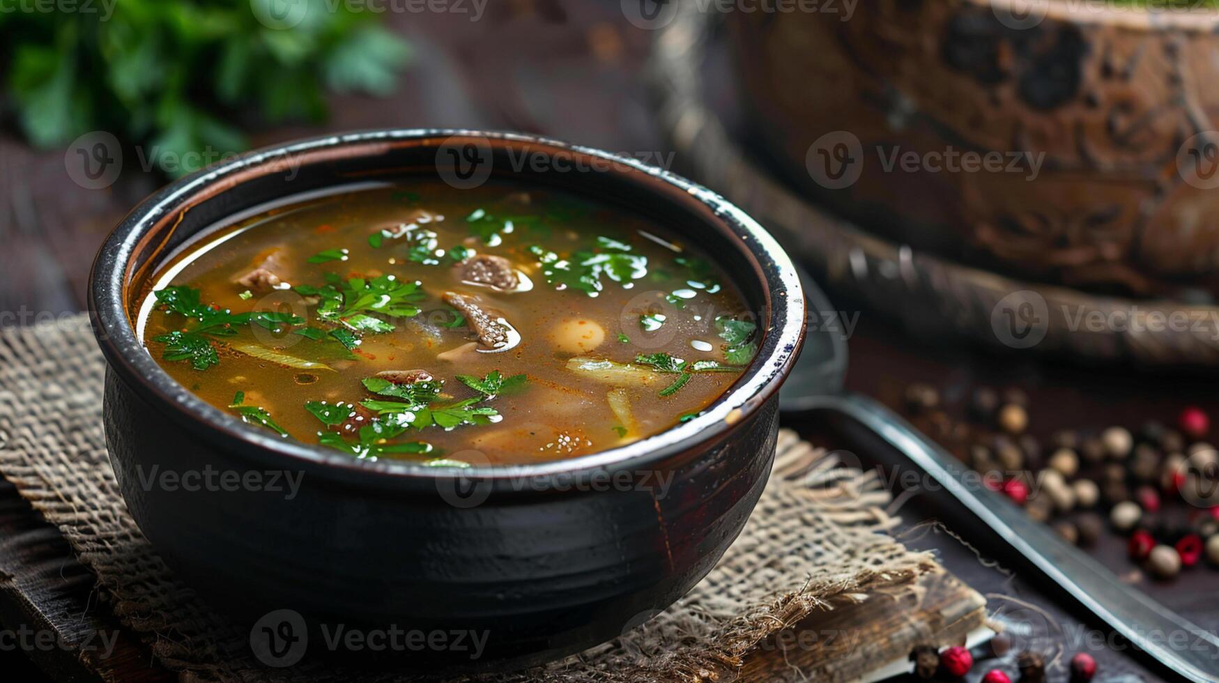 Hot bowl of traditional soup with meat, herbs, and vegetables on a rustic wooden table. photo