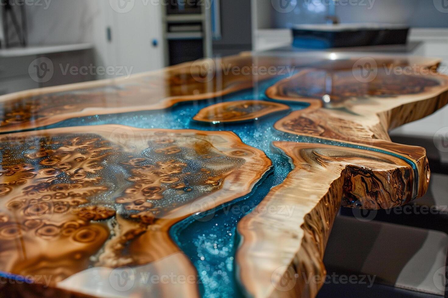 Epoxy resin wood table with blue design, showcasing intricate details and natural wood textures in a modern interior . photo