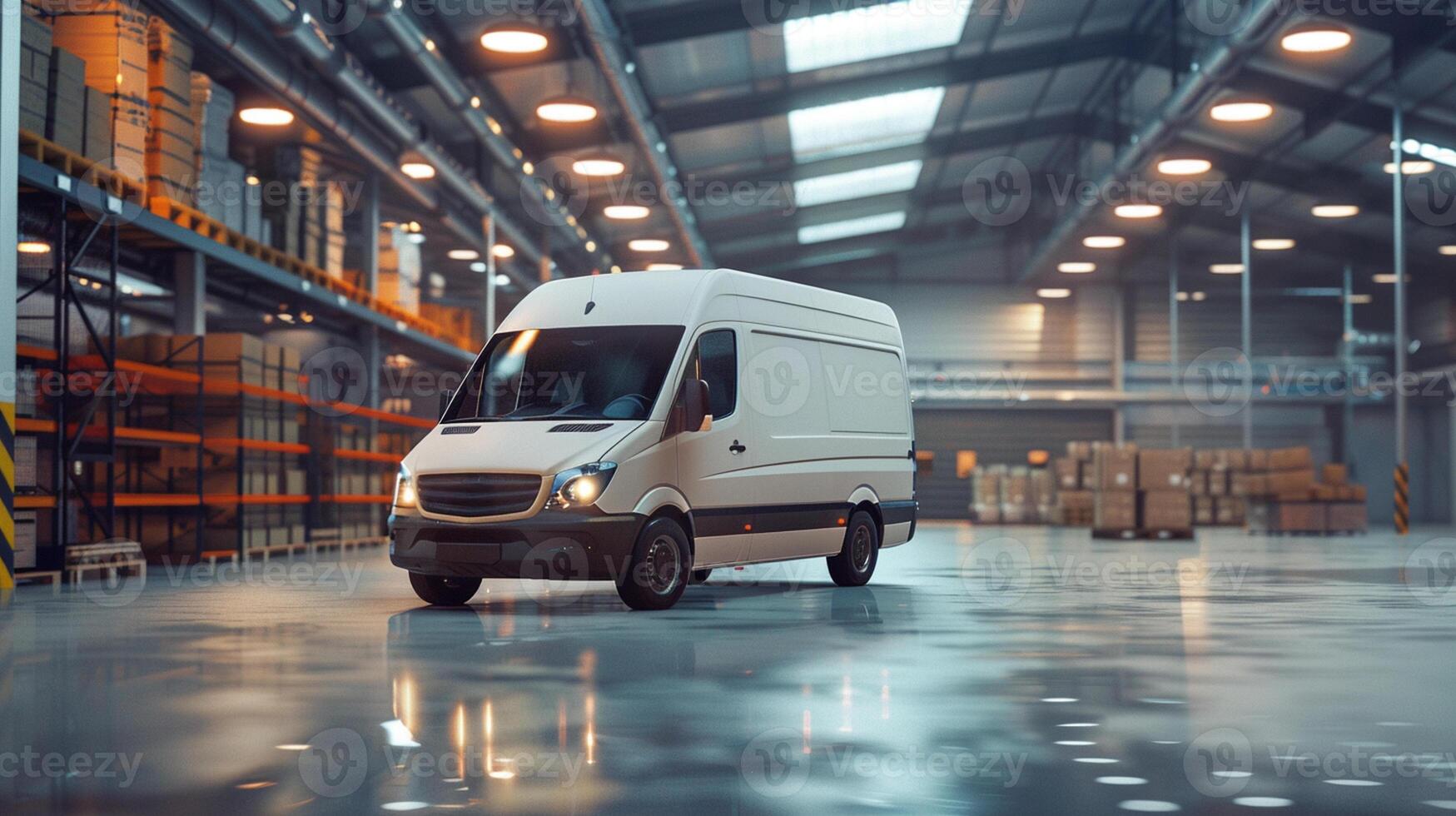 White delivery van inside a spacious warehouse with shelves and boxes. modern logistics setting for transportation photo