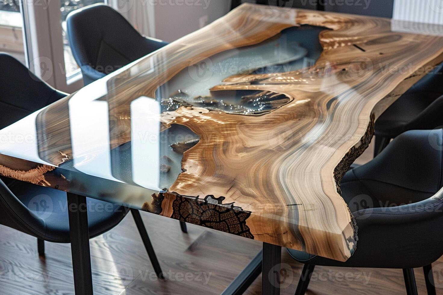Epoxy resin wood table with blue design, showcasing intricate details and natural wood textures in a modern interior photo