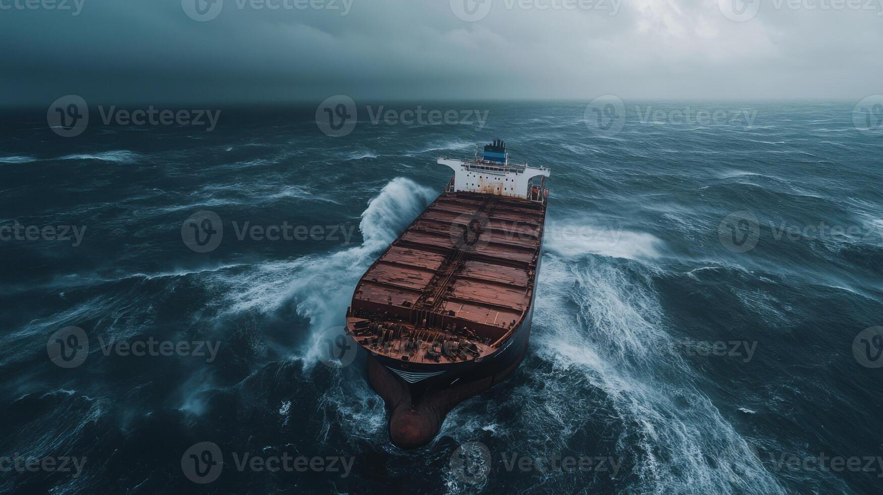 Cargo ship battling fierce waves in a stormy sea under dramatic skies, symbolizing danger and resilience photo