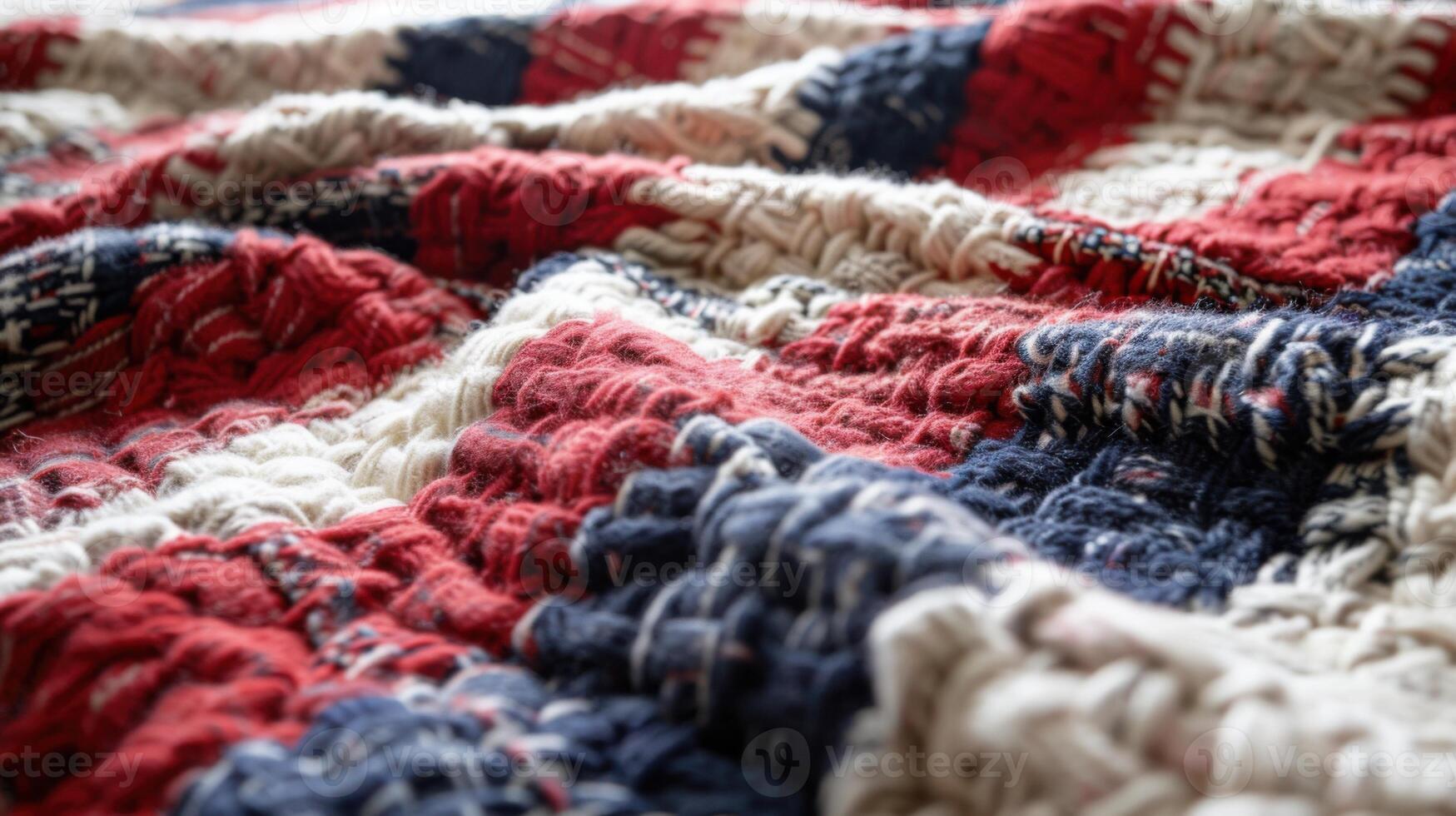 Close-up of a woven textile with red, white, and blue threads. Handmade fabric with intricate textures and a rustic photo