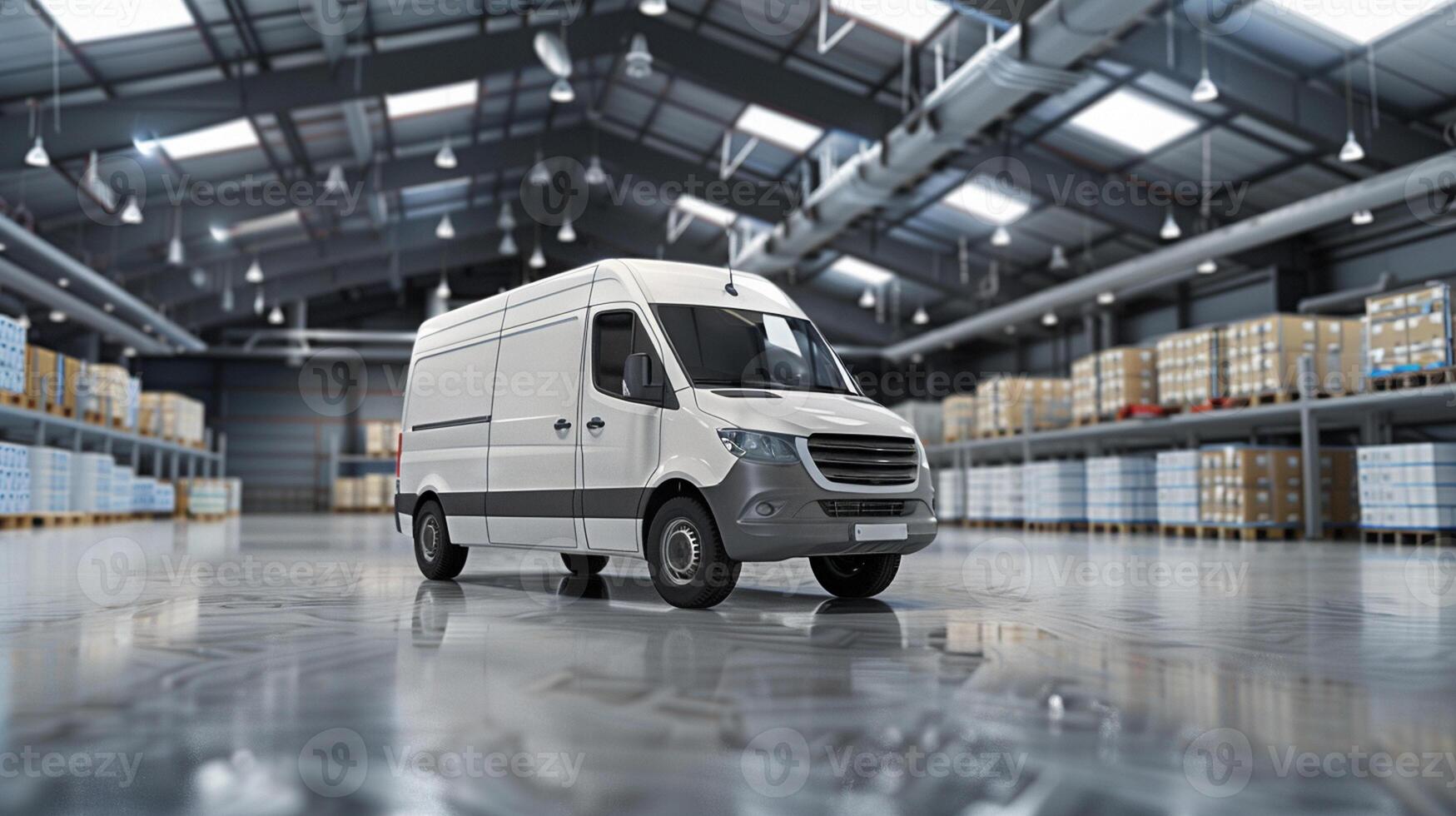 White delivery van inside a spacious warehouse with shelves and boxes. modern logistics setting for transportation. photo