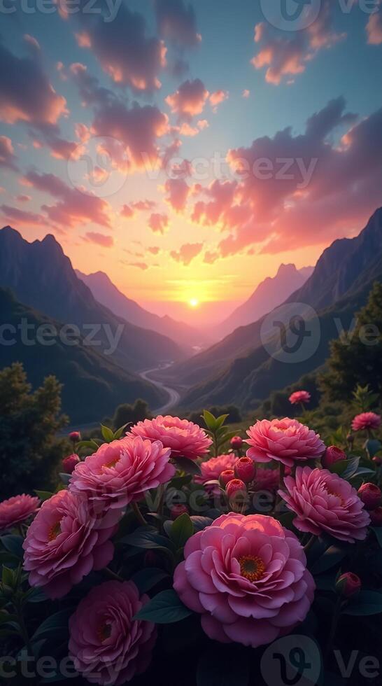 Breathtaking Phone Wallpaper of Pink Roses Against Stunning Sunset Mountains photo