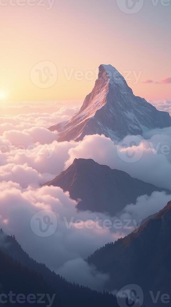 Stunning Mountain Peak Wallpaper Surrounded by Dreamy Clouds and Soft Sunrise Glow photo