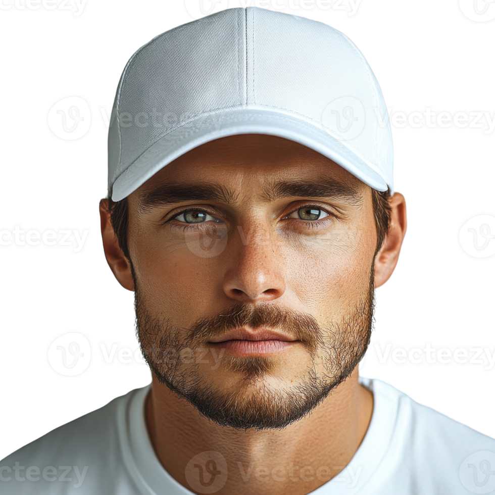 man with white cap and serious expression, showcasing confidence and style png
