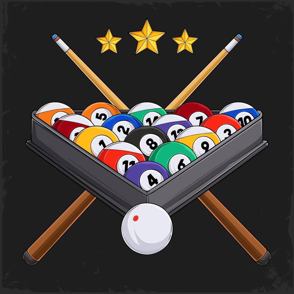 Hand drawn billiard eight balls rack with cues and white ball ready to break on a pool club vector