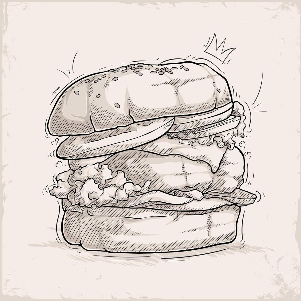 Hand drawn delicious junk food oversized burger sketch with crown on a vintage textured background vector