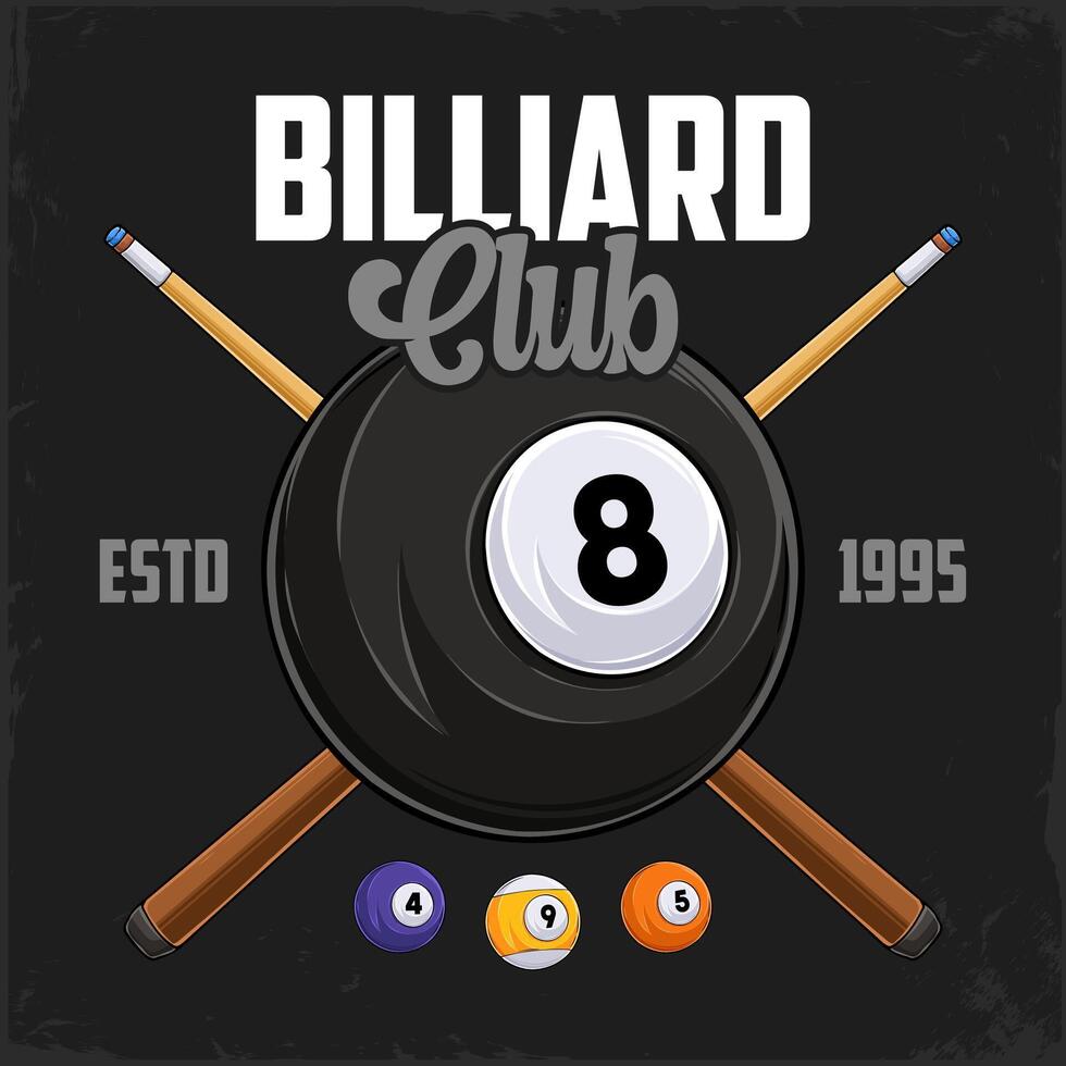 Hand drawn billiard eight ball with cues and shiny balls ready to break for a pool club competition vector