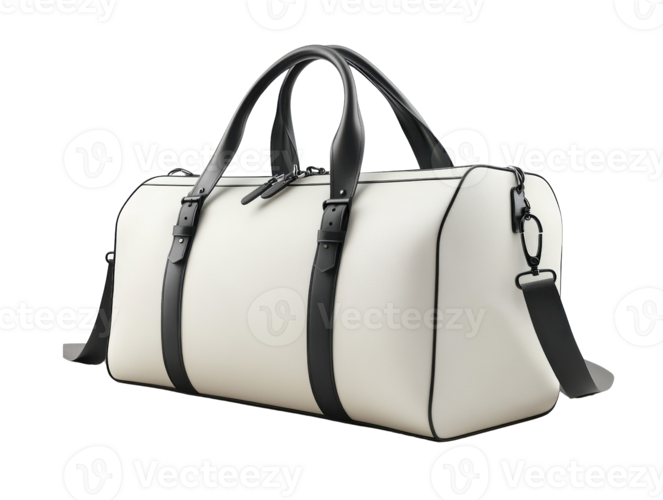 Blank white duffel bag with black straps, perfect for travel or gym png