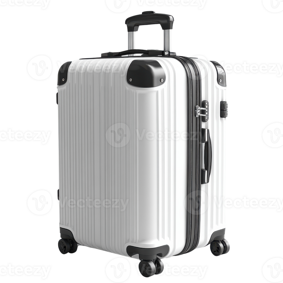 Durable white suitcase with wheels and retractable handle for travel png