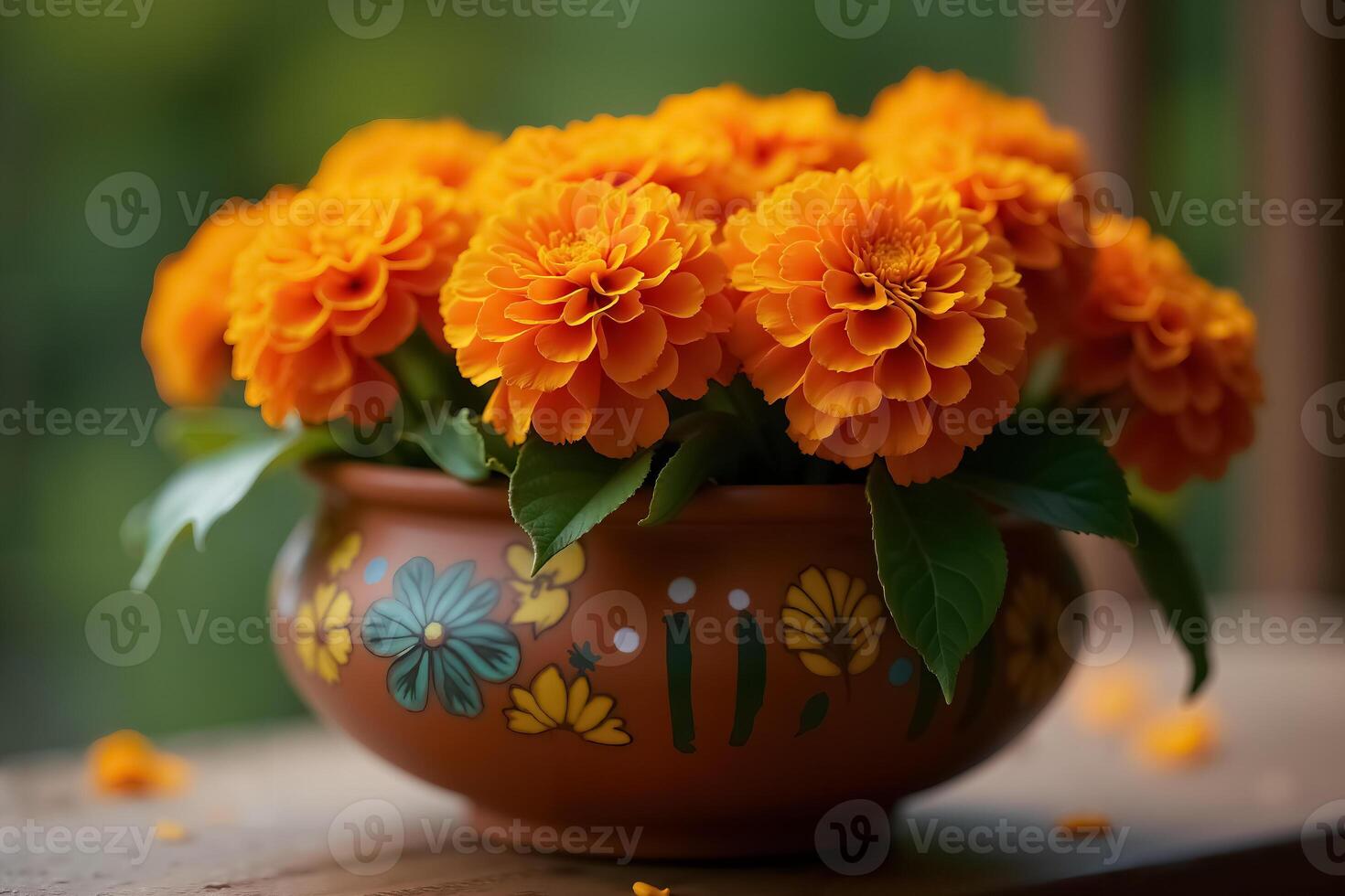 Vibrant Marigold Flowers Celebrating Dia de Muertos with Colorful Pottery Arrangement photo