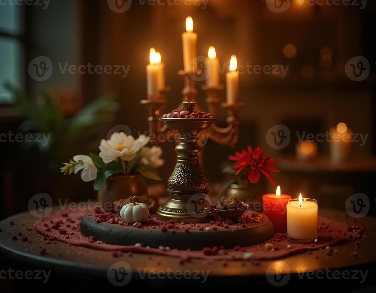 Remembrance Altar for Dia de Muertos with Candles and Beautiful Flowers Display photo