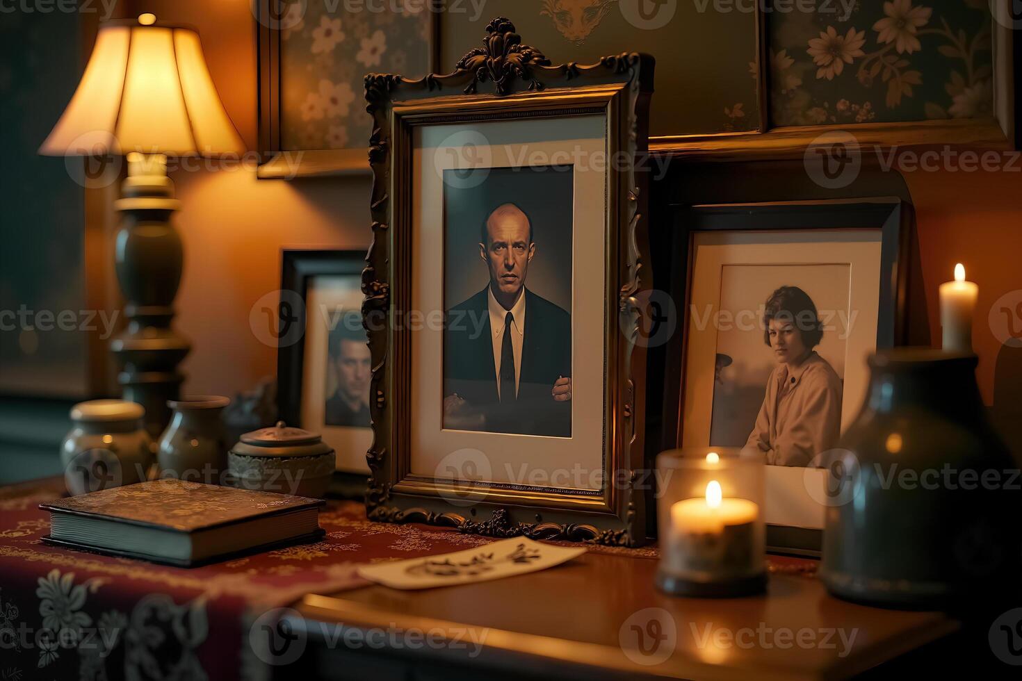 Reflection of Dia de Muertos Tradition with Family Photos and Candlelight on Altar