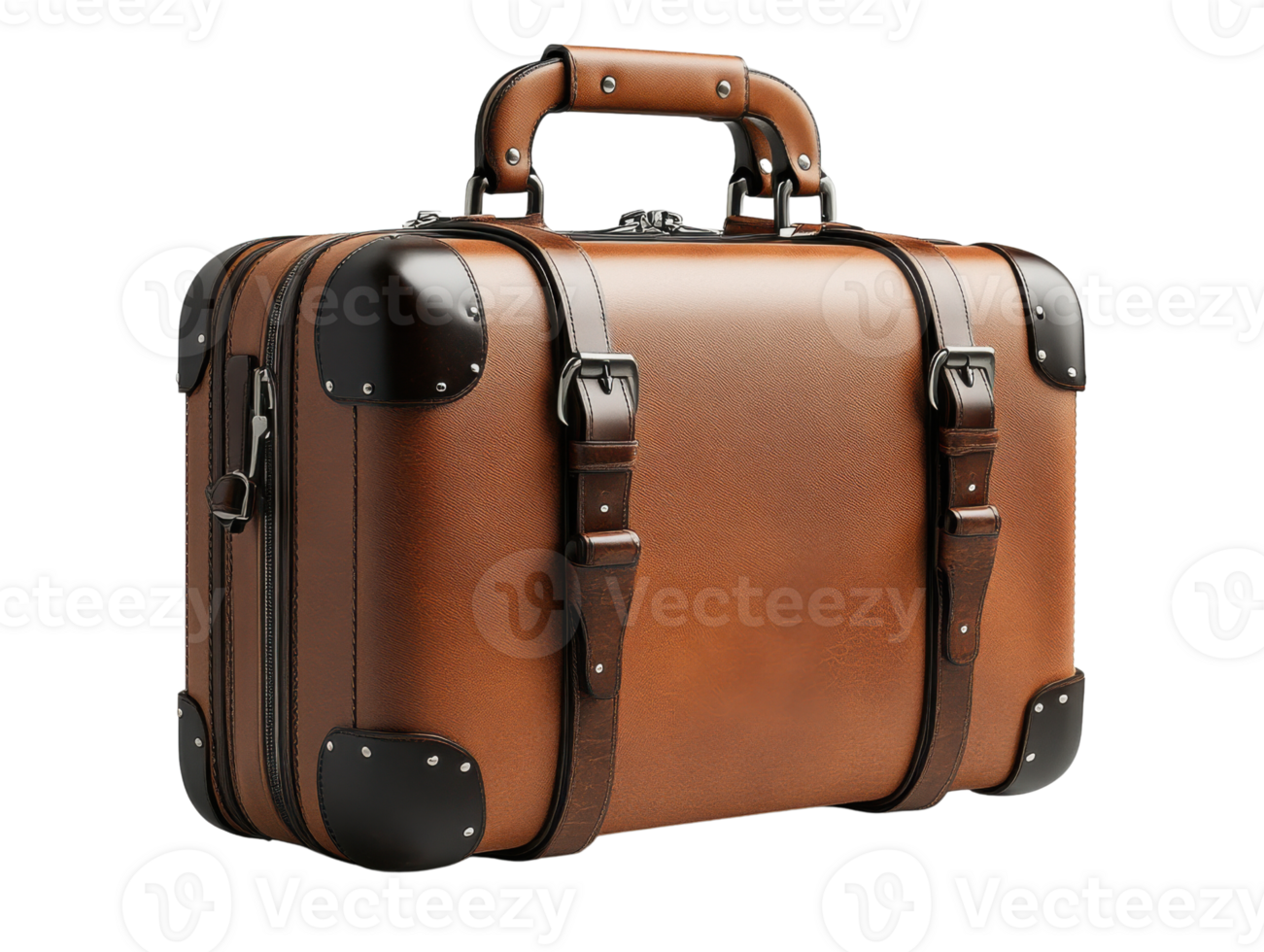 Stylish brown leather suitcase with metal accents and straps. Perfect for travel png