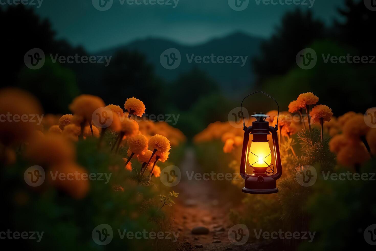 Festive Dia de Muertos Celebration with Lanterns and Marigold Flowers at Dusk photo