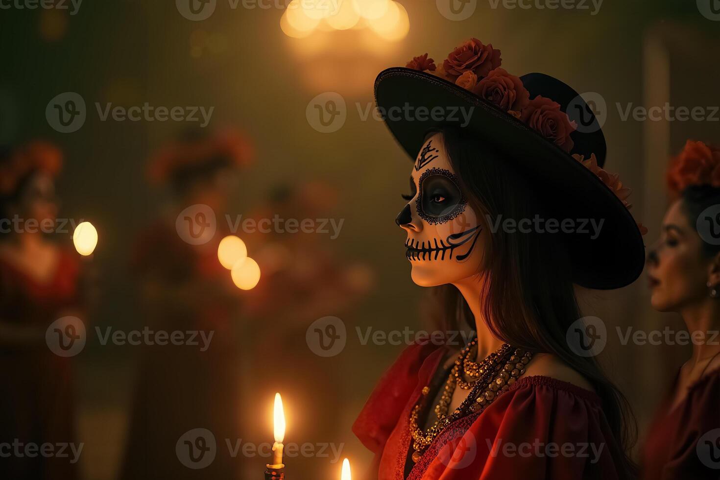 Beautiful Dia de Muertos Celebration Featuring Traditional Mexican Celebrations and Attire photo