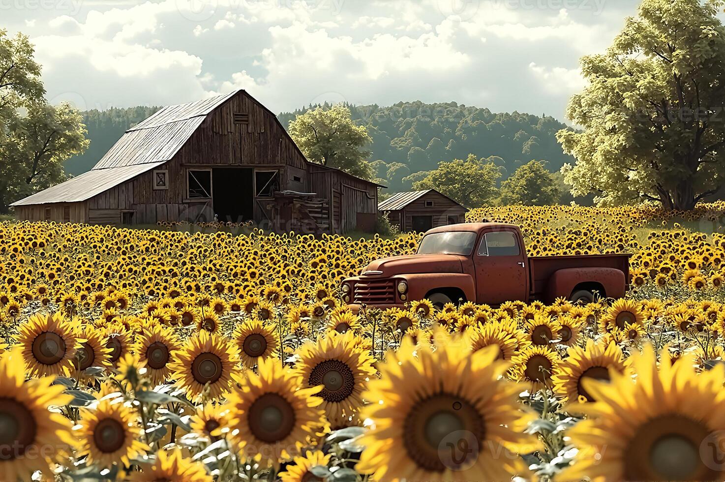 Charming Vintage Truck Surrounded by Vibrant Sunflowers Against Rustic Barn Backdrop photo