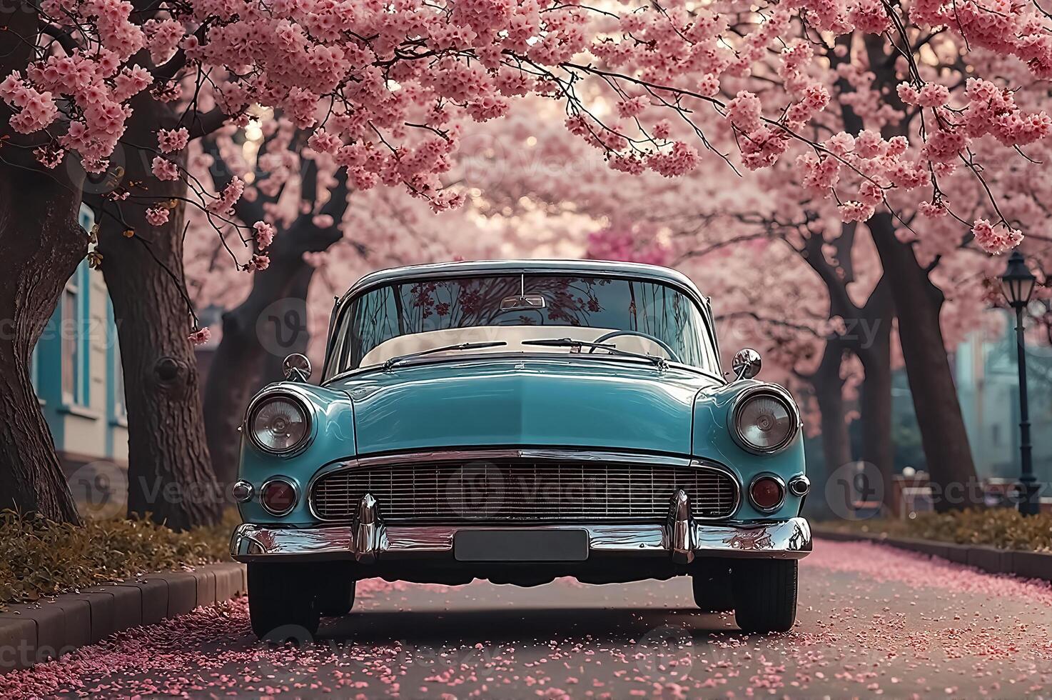 Classic Vintage Car Surrounded by Beautiful Cherry Blossom Trees in Spring photo