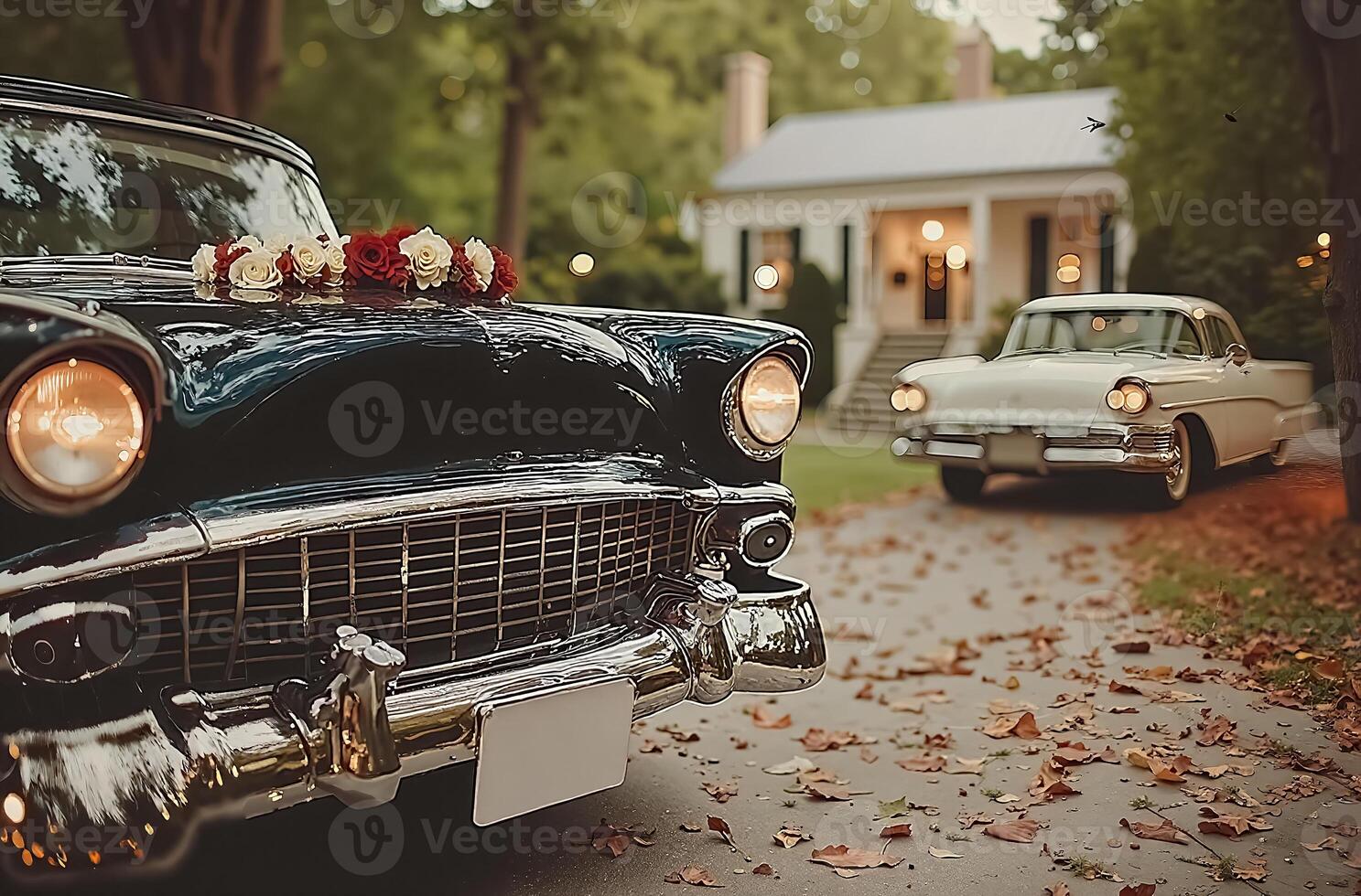 Classic Vintage Cars In Scenic Setting With Romantic Floral Decorations photo