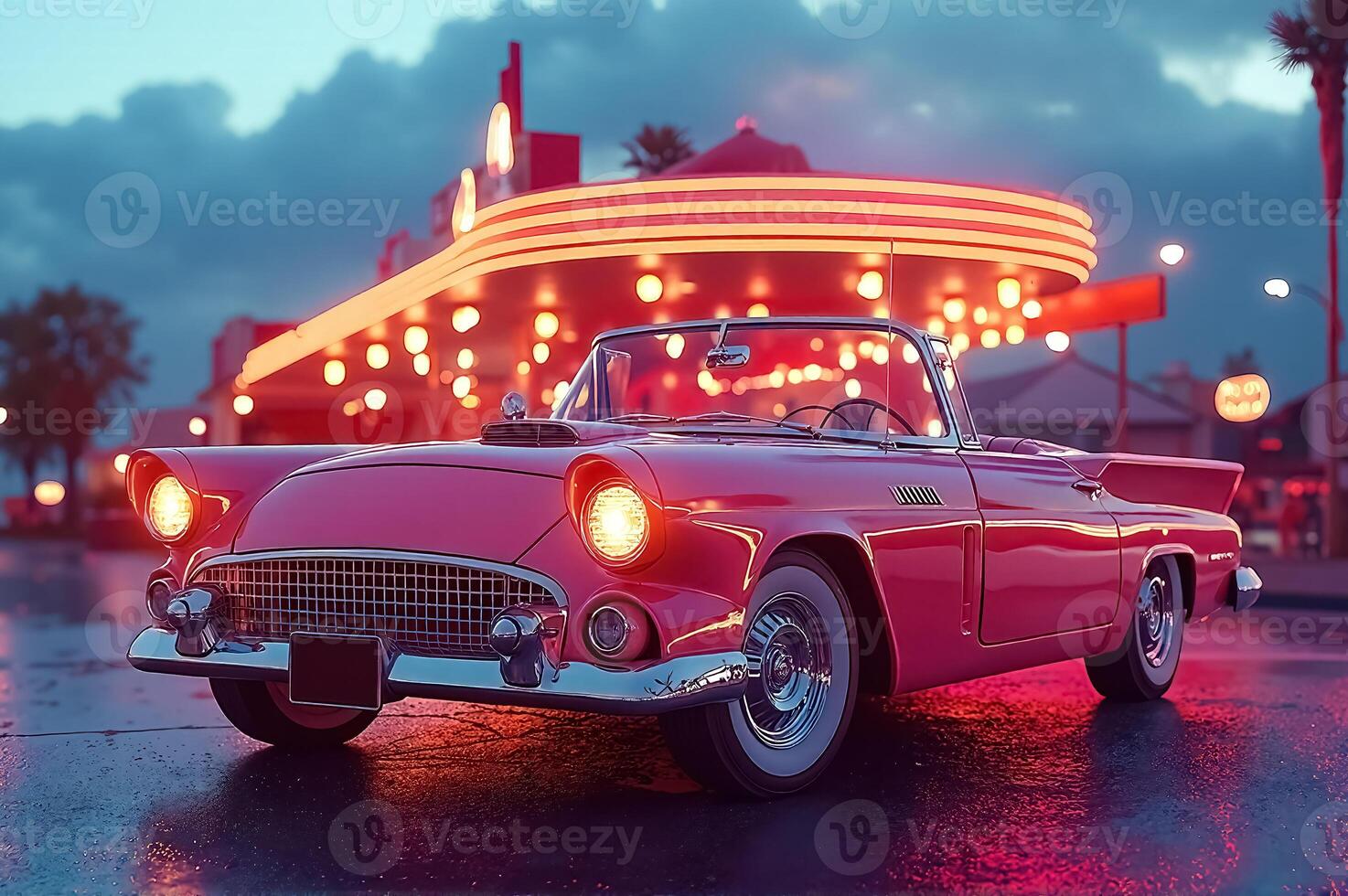 Stunning Vintage Car in Neon Lights with Rainy Reflections on Paved Road photo
