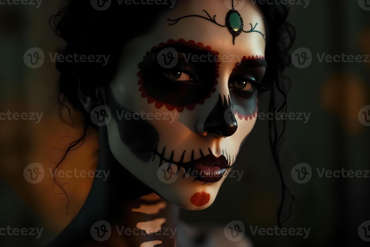 Beautiful Dia de Muertos Skull Makeup with Elegant Details on Model's Face photo