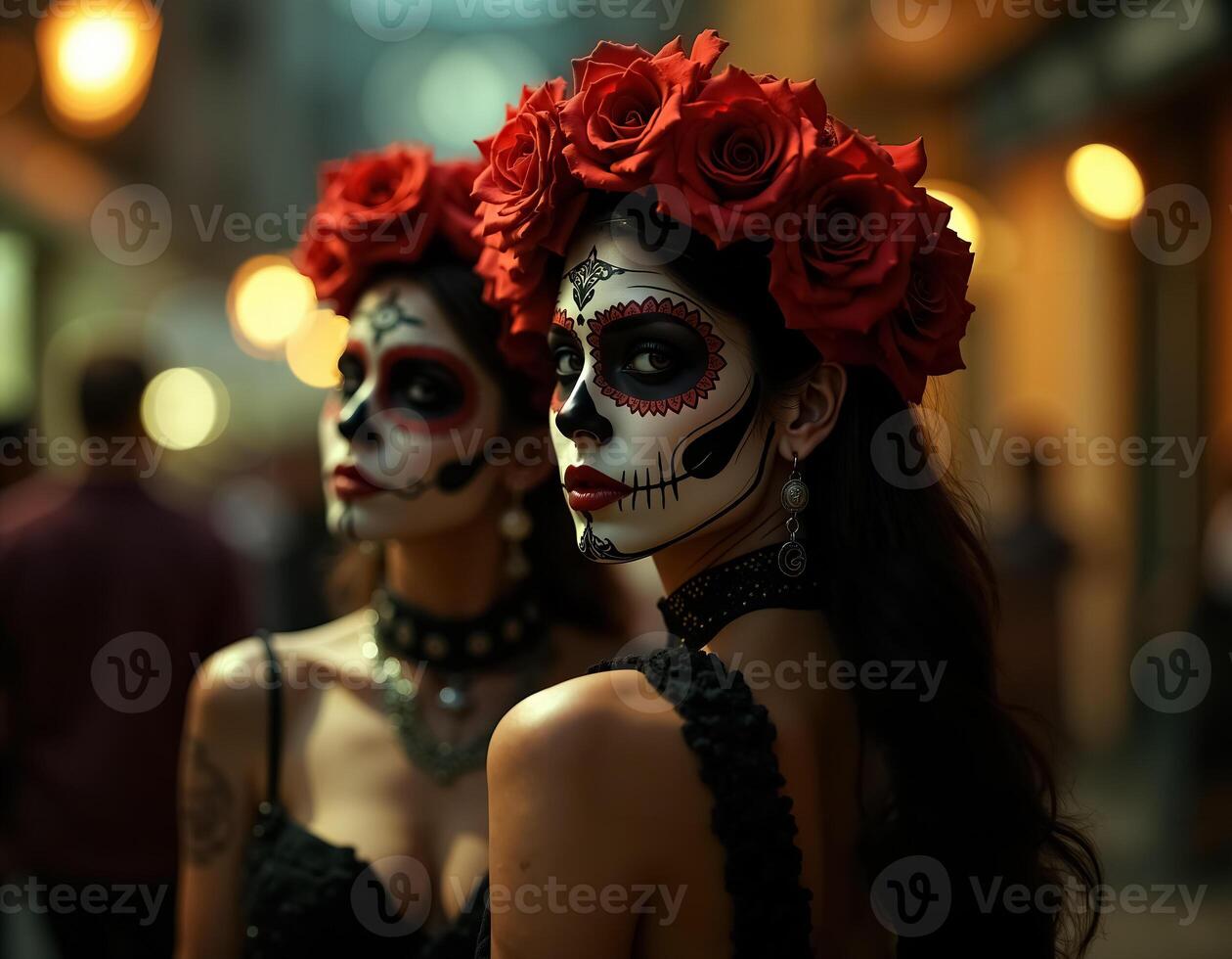 Vibrant Celebration of Dia de Muertos with Beautifully Dressed Calavera Women photo