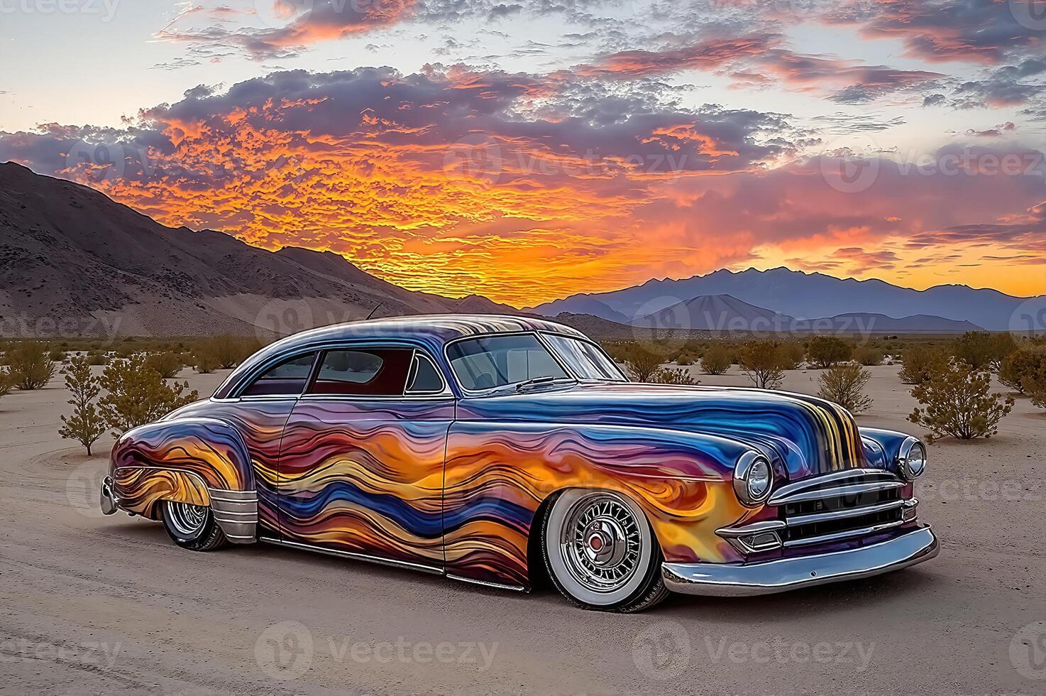 Stunning Vintage Car Against a Breathtaking Sunset in a Desert Landscape photo