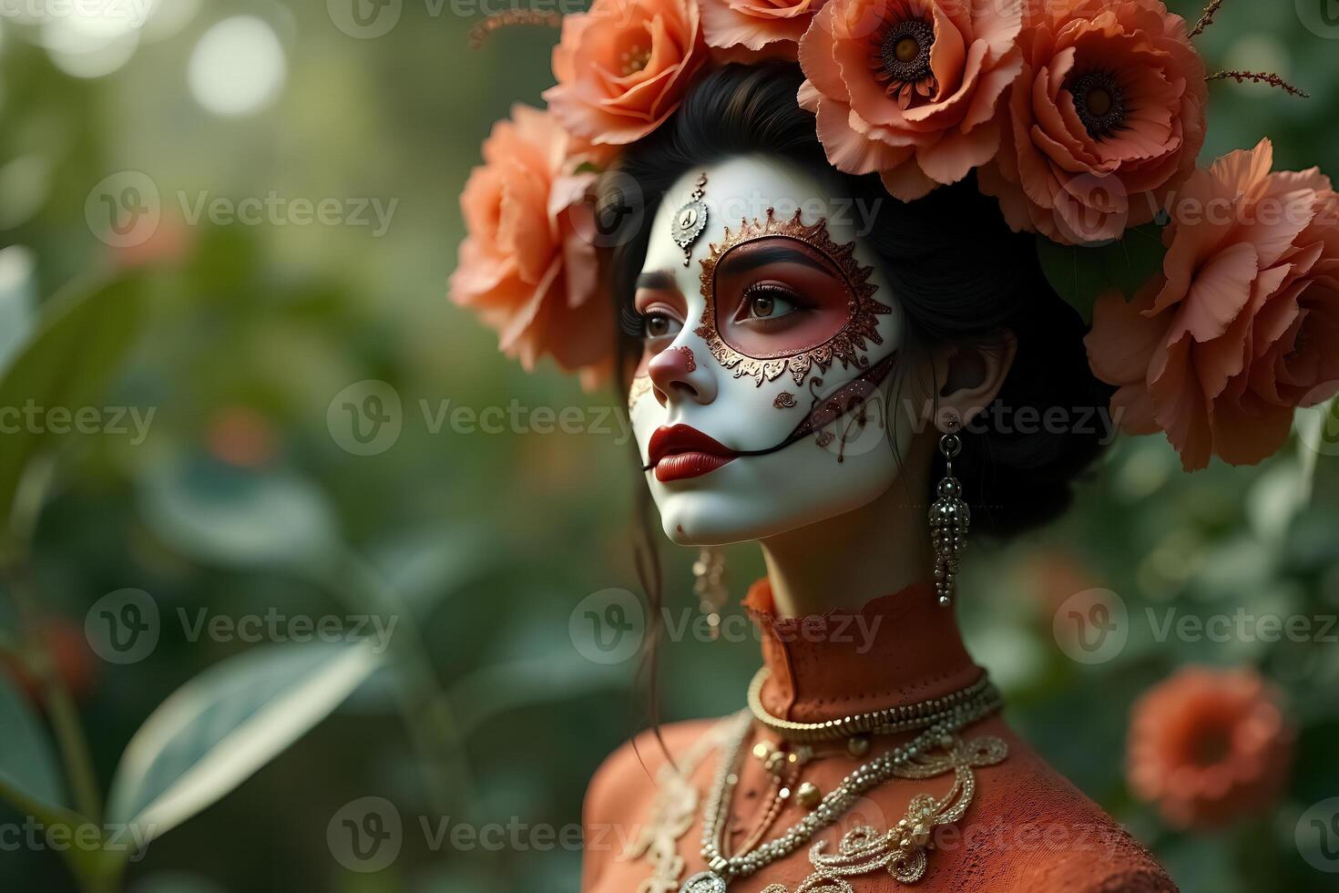 Elegant Day of the Dead Portrait with Floral Headpiece and Intricate Face Paint photo